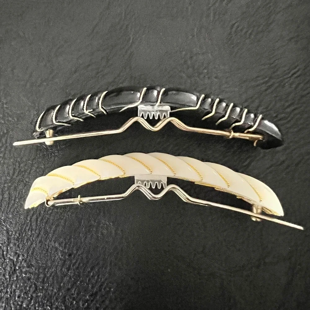 Vintage Twisted Resin Hair Barrette‎ Set Black Cream Gold Tone 3.5